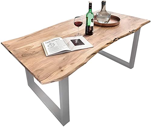 SAM Baumkantentisch 220x100 cm Quarto, Akazienholz massiv + naturfarben, Esstisch mit silbernem U-Gestell, Esszimmertisch/Holztisch Industrial-Design, Tischplatte 26 mm, FSC® 100% Zertifiziert