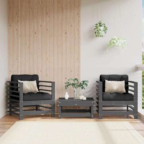 MATTUI Wohnmöbel Gartenstühle Gartenstühle mit Kissen 2 Stück Grau Massivholz Kiefer