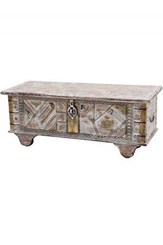 Orientalische Truhe Kiste aus Holz barthel 116cm groß | Vintage Sitzbank mit Aufbewahrung für den Flur | Aufbewahrungsbox mit Deckel im Bad | Betttruhe als Kissenbox oder Deko im Schlafzimmer