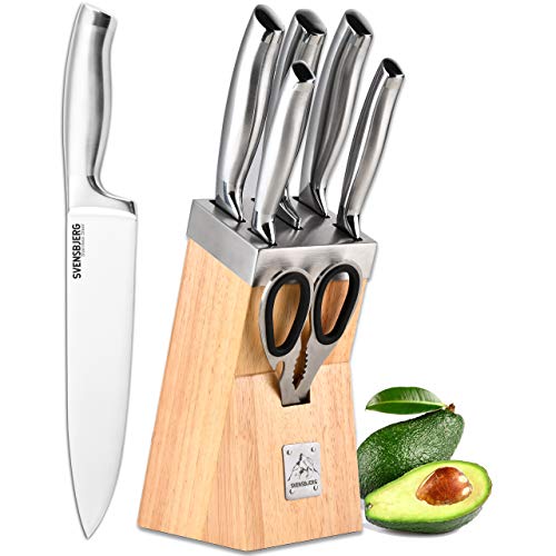 SVENSBJERG Messerblock mit Messerset bestückt, 5 Profi-Küchenmesser, modernes skandinavisches Design aus Massiv-Holz, scharf Edelstahl-Kochmesser-Set, hochwertige rostfreie Messer
