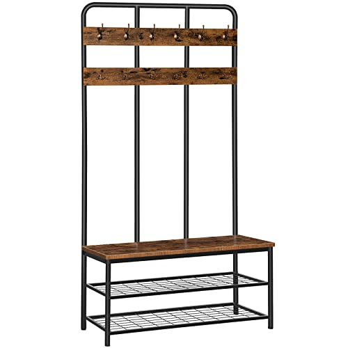 HOOBRO Großer Garderobenständer, Garderobe mit Sitzbank, Schuhregal mit Sitzfläche, Kleiderständer mit 12 Haken, 100 x 35,5 x 182 cm, für Flur, Industriestil, Dunkelbraun-Schwarz EBF05MT01