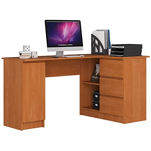AKORD Eck-Schreibtisch B-20 mit 3 Schubladen, 2 Ablagen und einem Regalfach mit Tür | Schreibtisch | ecktisch | Eck Schreibtisch für Home Office | Einfache Montage | B155 x H77 x T85, 60 kg Erle