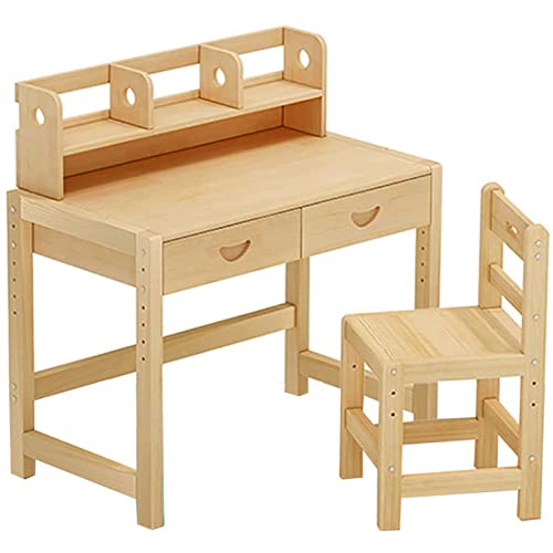 OLOTU Massivholz-Kinderschreibt isch und Stuhl-Set, multifunktionaler Kinderschreibtisch, ergonomischer Schreibtisch mit 2 Schubladen und Bücherregal