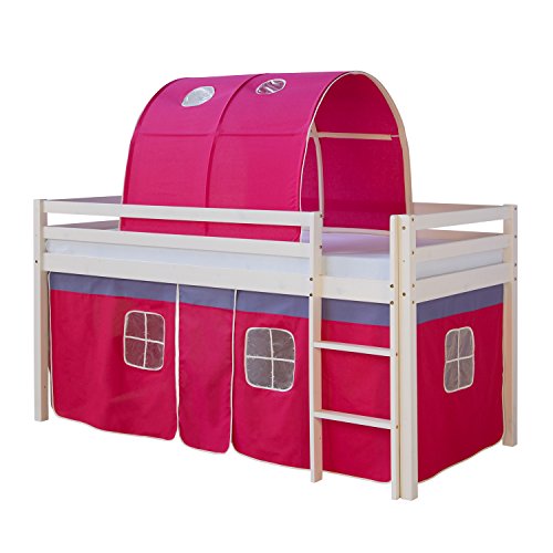 Homestyle4u 1561, Kinder Hochbett Mit Leiter, Tunnel, Vorhang Pink, Massivholz Kiefer Weiß, 90x200 cm