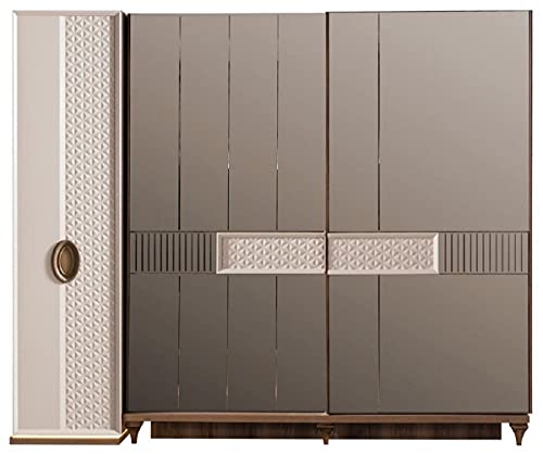 Casa Padrino Luxus Art Deco Schlafzimmerschrank Weiß/Braun 261 x 73 x H. 221 cm - Verspiegelter Massivholz Kleiderschrank - Art Deco Schlafzimmer Möbel