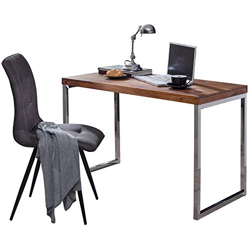 FineBuy Schreibtisch Massivholz | Computertisch 120 x 60 cm aus echtem Holz | Laptoptisch im Landhaus-Stil | Konsolen-Tisch mit Metallbeinen | Arbeitstisch dunkel-braun für Büro - Natur-Produkt