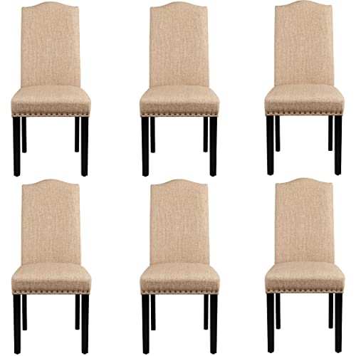 Yaheetech Esszimmerstühle 6er Set Küchenstuhl mit Hoher Rückenlehne Moderne Stühle für Küche und Esszimmer, Beine aus Massivholz, gepolsterte Sitzfläche aus Leinen bis 136 kg Belastbar, Khaki