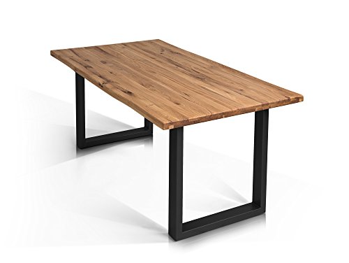 moebel-eins Tobago Baumkantentisch Esstisch Wildeiche Holztisch Massivholztisch Esszimmertisch Tisch Baumkante Metallfuß schwarz lackiert 160 x 90 cm, 160 x 90 cm, schwarz