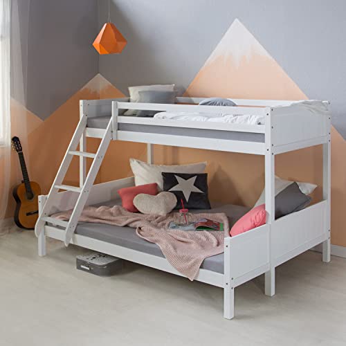 Homestyle4u 2064, Kinderbett Etagenbett 90x200 und 140x200 mit Lattenrost und 2 Matratzen, Hochbett Weiß Holz Kiefer