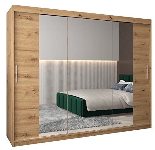 Kryspol Schwebetürenschrank Tokyo 2-250 cm mit Spiegel Kleiderschrank mit Kleiderstange und Einlegeboden Schlafzimmer- Wohnzimmerschrank Schiebetüren Modern Design (Artisan Eiche)