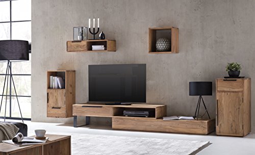 Woodkings® Wohnwand massiv Holz, 5teilig, Auckland, TV-Bank variabel erweiterbar, Kommode, Hängeregal, Wandboard, Würfel Wandregal, Schrankwand Wohnzimmer Möbel (Akazie, 1 Schub)