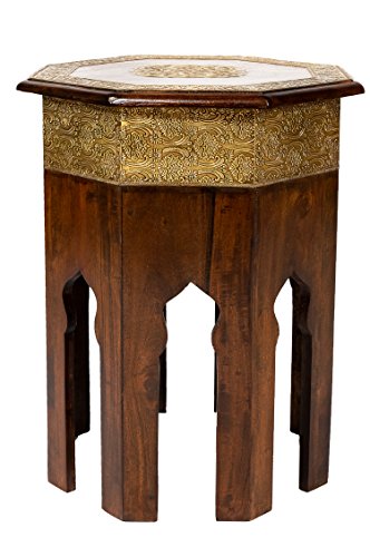 Marokkanischer Beistelltisch Couchtisch aus Holz massiv Oriental 52 cm | Vintage Tisch aus Massivholz mit Messing verziert für Ihr Wohnzimmer | Niedriger Orientalischer Sofatisch Braun