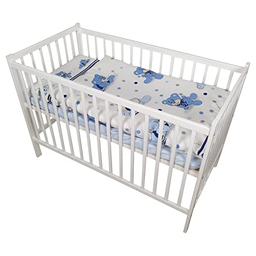 Bello24 - 7 Teiliges Babybett Kinderbett und Bettwäsche komplett Set Happy höhenverstellbar für Neugeborene Babys und Kleinkinder aus Massivholz in fantastischen Farben (Blau Teddybär mit Löwenzahn)