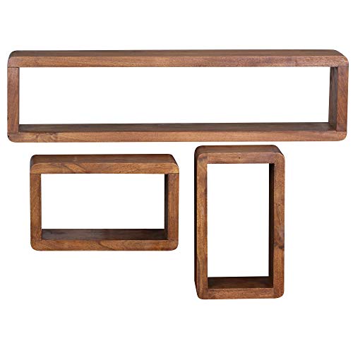 FineBuy Design Wandregal 3er Set Massiv Holzregale Landhausstil | Rustikales Wandregal-Set Holz | Hängeregal Viereckig Echtholz | Wand-Regale | Hängend Würfel | Regal Wandkästen Eckig