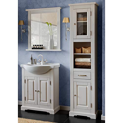 Lomadox Landhaus Badezimmermöbel Set Kiefer Massivholz weiß Gebleicht 65cm Waschtischunterschrank & Keramik Waschbecken Spiegel und Hochschrank