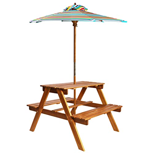 vidaXL Akazie Massivholz Kinder Picknicktisch mit Sonnenschirm Tisch Bänke Sitzgruppe Kindersitzgruppe Kindersitzgarnitur Kindermöbel Gartenmöbel 79x90x60 cm
