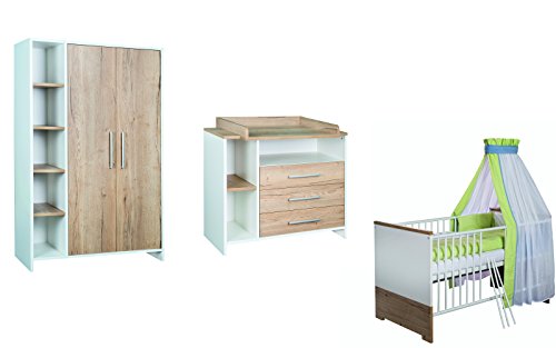 Schardt - Kinderzimmer ECO Komplettset Natur/Weiß - Bestehend aus Kombi-Kinderbett 70x140 - Wickelkommode mit Wickelaufsatz und Schrank mit 2 Türen und Seitenregal