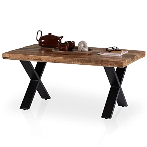 KHG Couchtisch Holz mit X-Gestell in Schwarz aus Metall, 100 x 60 x 46 cm, Wohnzimmertisch aus Massivholz, Industrial Style, Kaffeetisch rechteckig mit X-Beinen, Sofatisch mit Metallgestell