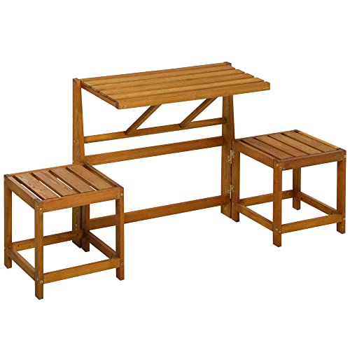 Outsunny Gartenbank, 2-in-1 Parkbank, Gartenmöbel-Set, Gartentisch, Holzbank für 2 Personen, bis 260 kg Belastbar, für Balkon, Terrasse, Massivholz, Teak, 158 x 48 x 80 cm