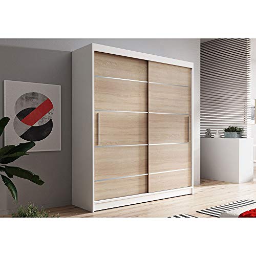 MOEBLO Kleiderschrank Schwebetürenschrank 2-türig Schrank mit vielen Einlegeböden und Kleiderstange Gaderobe Schiebtüren BxHxT 150x200x61 - Lara 6 (Weiß + Sonoma)