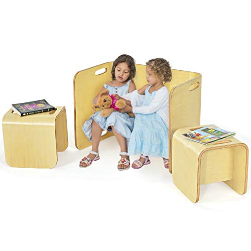 COSTWAY Kindertisch mit 2 Stühlen Birke, multifunktionale 3TLG. Kindersitzgrupppe Holz, Kindermöbel Kinder Lerntisch für Zuhause Schule Kindergarten