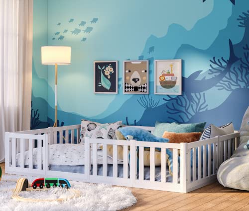 Bellabino Tapi Bodenbett 140 x 200 cm, Montessori Kinderbett für Jungen und Mädchen aus Kiefer Massivholz inkl. Rausfallschutz und Lattenrost in weiß lackiert