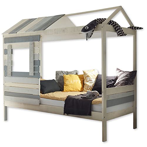 WOOD Hausbett 90 x 200 cm - Funktionales Kinderbett mit Schiebetür aus Massivholz in Grau, Beige - 201 x 182 x 103 cm (B/H/T)