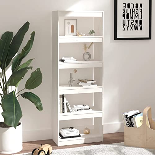 DUALNY 60x30x167,5 cm Bücherregal Hoch Weiß Kiefer-Massivholz Bodenregal Bookcase Shelf Wood Shelf Storage Shelf Standregal Schmal Wohnzimmer Regal Bücherregal Offen