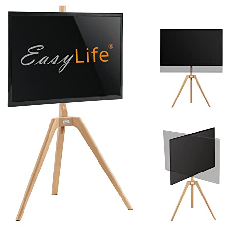 EasyLife - TV Stativ Holz Staffelei Tripod - Studio TV Stand bis 65'' Zoll & 40 kg Fernseher/Monitor, schwenkbar, höhenverstellbar, Kabel Management, VESA bis 400x400 (Weiß/Buche)