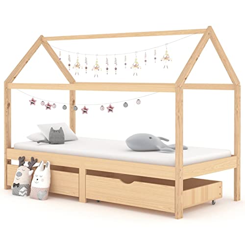 CIADAZ Babybett mit Schublade, Bett, Bettgestell, Jugendbett, Schlafzimmer Bett, Schlafzimmer Komplett, Bed Fram,n Massivholz Kiefer 90x200 cm