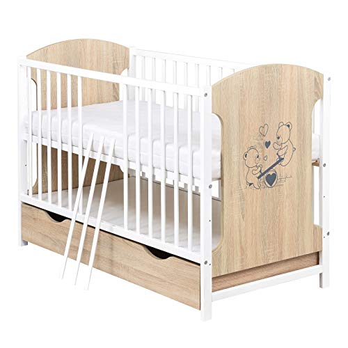 Baby Delux Babybett Kinderbett 120x60 Sonoma Weiß mit Teddy Wippe Motiv inkl. Schublade und Matratze