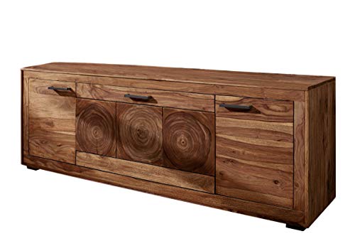 SAM Lowboard Nora III, Akazienholz massiv & nussbaumfarben, TV-Schrank mit 2 Holztüren & eine Klappe, Schwarze Griffe, 178 x 62,5 x 46 cm
