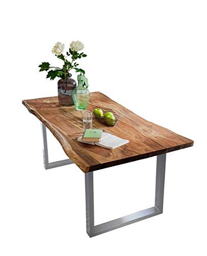 SAM Baumkantentisch 160x85 cm Quarto, nussbaumfarbig, Esszimmertisch aus Akazie, Holz-Tisch mit Silber lackierten Beinen