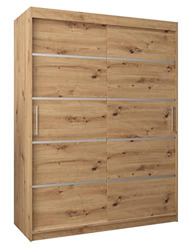 Kryspol Schwebetürenschrank Verona 1 150 cm Kleiderschrank mit Kleiderstange und Einlegeboden Schlafzimmer- Wohnzimmerschrank Schiebetüren Modern Design (Schubladen: 0, Artisan Eiche)