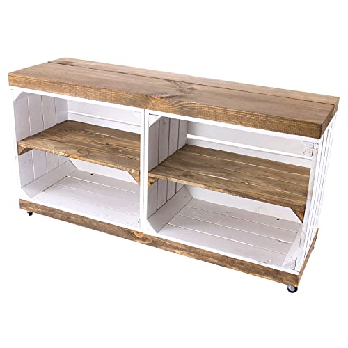 Kistenkolli Altes Land Schuhregal mit Sitzbank n TV-Tisch Fernsehtisch Schuhablage Schuhbank aus Holz Maße 100 x 29 x 45cm L x T x H (Weiss mit palisander Planke und Mittelbrett)