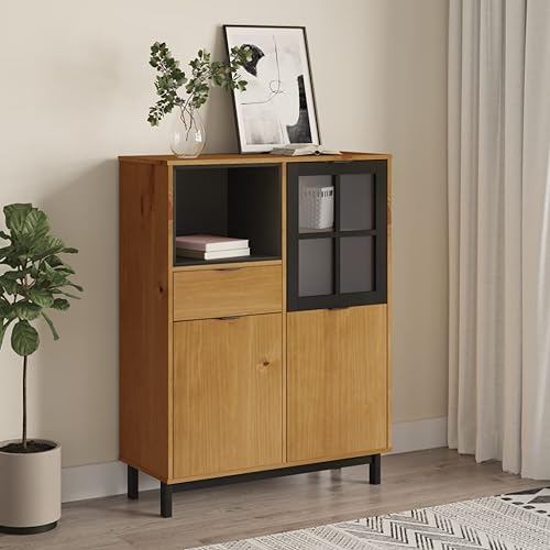 ZEYUAN Highboard mit Glastür FLAM 92x40x122,5 cm Massivholz Kiefer, Sideboard Wohnzimmer, Schlafzimmer Kommode, Bücherschrank, Wohnzimmerschrank, Hochschrank, Wohnschrank