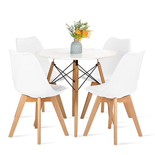 FURNITABLE Set aus Runder Esszimmertisch mit 4 Weißer Stühlen, Esszimmergruppe für Esszimmer Küche Wohnzimmer