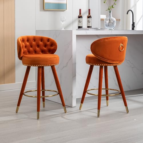 Retro Stil Barhocker 2er Set mit Fußstütze und Nageldekoration, 93 cm Höhe Samt Tresenhocker mit Beine aus Massivholz, 360° Drehbar, Ergonomisches Design (Orange)