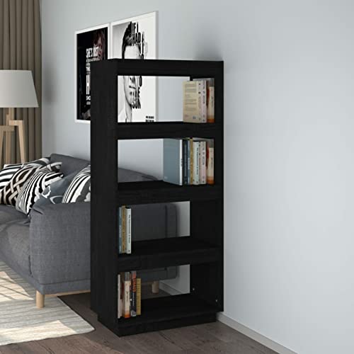 JUNZAI Bücherregal/Raumteiler, Bookshelf, Regalbrett, Book Shelf, Bücher Regal, Deko Regal Wohnzimmer, Standregal, Schwarz 60x35x135 cm Massivholz Kiefer