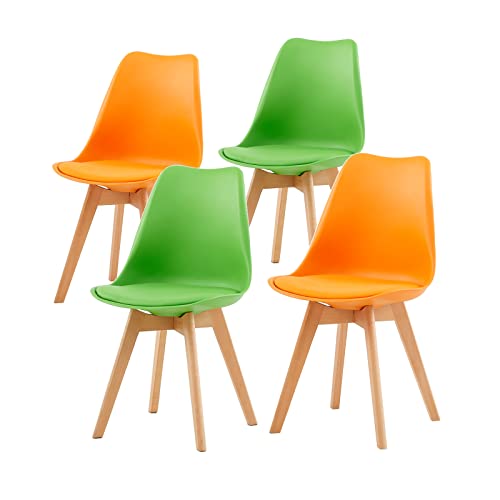 EGGREE 4er Set Esszimmerstühle mit Massivholz Buche Bein, Skandinavisch Design Gepolsterter Stuhl Küchenstuhl Holz, 2 Orange + 2 Grün