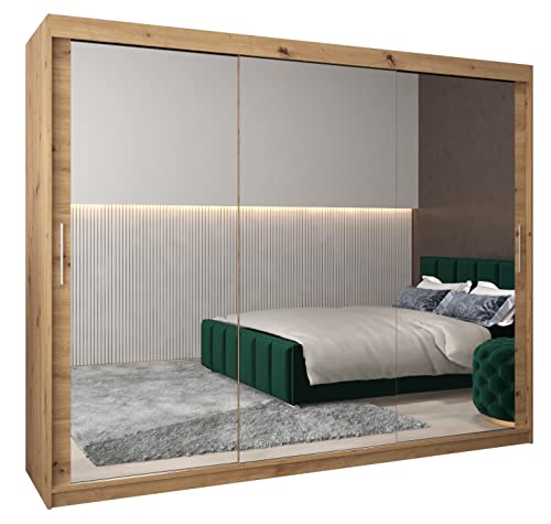 Kryspol Schwebetürenschrank Tokyo 3-250 cm mit Spiegel Kleiderschrank mit Kleiderstange und Einlegeboden Schlafzimmer- Wohnzimmerschrank Schiebetüren Modern Design (Artisan Eiche)