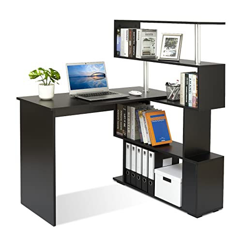 Meerveil Computertisch L-Förmig, Eckschreibtisch, mit 360 Grad Drehbarem Bücherregal für Arbeitszimmer Wohnzimmer Büro 157 x 45 x 130,5 cm, Schwarz