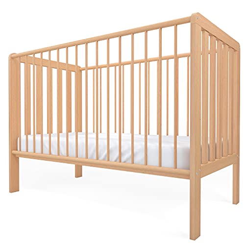 Staboos Baby Bett - Massivholz Kinderbett 70x140cm - 100% Buchenholz Babybett Natur - Gitterbett inkl. höhenverstellbarem Lattenrost - Made in EU