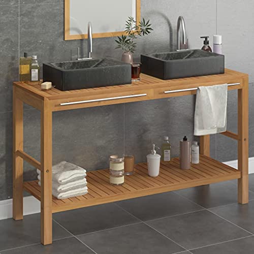 Waschtisch Massivholz Teak mit 2 Marmor Waschbecken Badtisch mit Regal Aufsatzwaschbecken Badmöbel Unterschrank Waschbeckenunterschrank Badschrank für Badezimmer und Waschraum