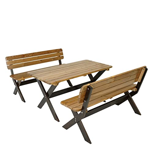Mendler Gartengarnitur HWC-J83, Tisch + 2X Bank Sitzgruppe, Massiv-Holz MVG-Zertifiziert - braun, Kiefer Dunkelbraun