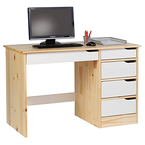 IDIMEX Schreibtisch Hugo aus massiver Kiefer in Natur/weiß, schöner Schülerschreibtisch mit 5 Schubladen, praktischer Bürotisch mit Querstrebe für Stabilität