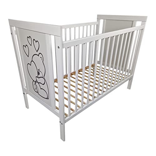 Bello24   Kinderbett Babybett HAPPY – Ökologisch Massivholz 3 fach höhenverstellbar 60 x 120 cm Weiß