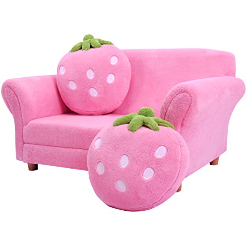 DREAMADE Kindersofa Süß, Kindersessel Kindercouch mit 2 Kissen, Kindermöbel Sofa, Kinder Doppelsofa, Minisofa Kinderzimmer, Erdbeer-Muster, Farbwahl (Rosa)