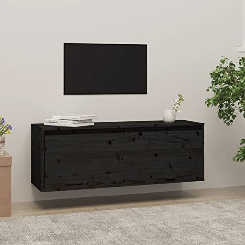 JUNZAI Wandschrank, TV Sideboard, Medienkonsolesideboard, Lowboard Schwebend, Schrankhalterungen Wand, Schwarz 100x30x35 cm Massivholz Kiefer