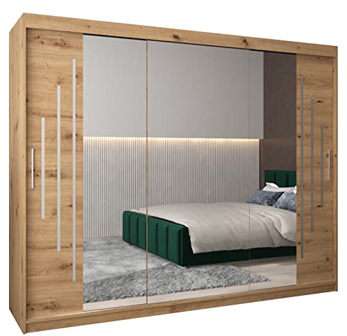 Kryspol Schwebetürenschrank York 2-250 cm mit Spiegel Kleiderschrank mit Kleiderstange und Einlegeboden Schlafzimmer- Wohnzimmerschrank Schiebetüren Modern Design (Artisan Eiche)